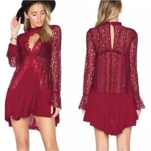 Free People Tell Tall Lace Tunic Mini Dress Keyhole Bell Sleeve Boho Festival L